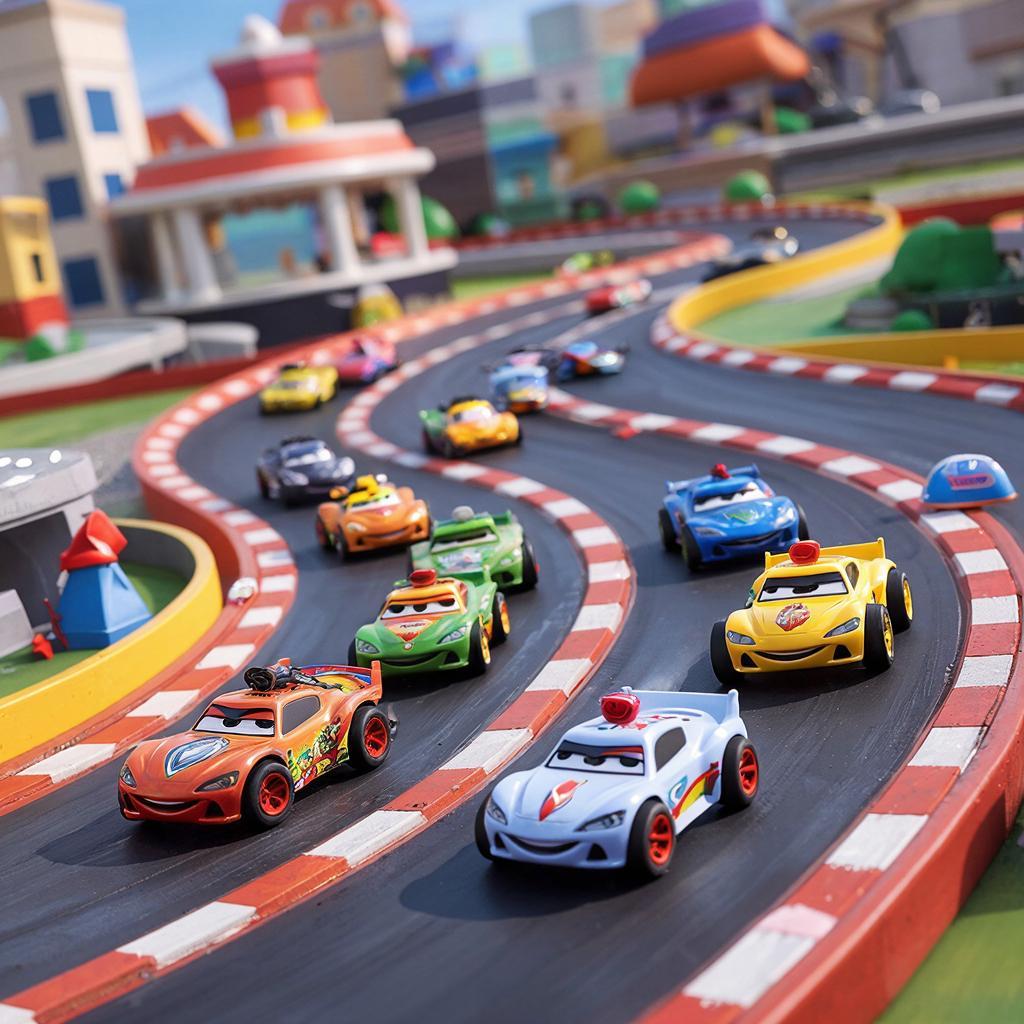 Scena di gara intensa con auto RC che competono in pista con effetti visivi dinamici e movimento ad alta velocità