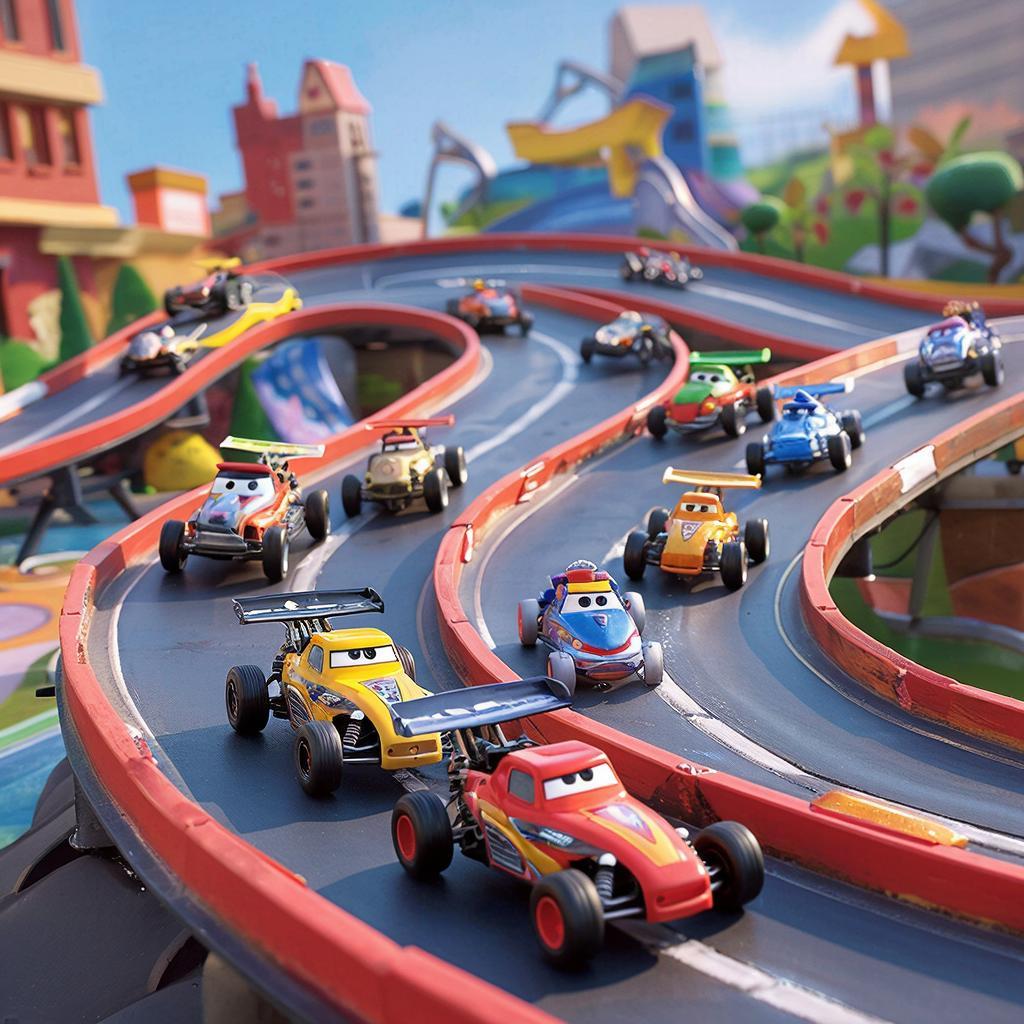 Auto RC che esegue acrobazie spettacolari con salti estremi e manovre ad alto rischio in circuito cartoon