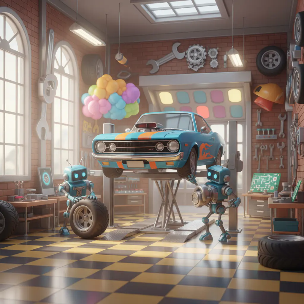 Garage digitale interattivo dove personalizzare auto RC con colori, accessori e componenti speciali unici