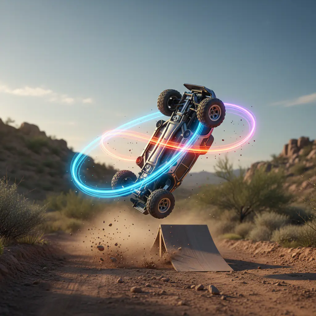Auto RC che compie un salto acrobatico spettacolare durante una gara con effetti particellari e traiettoria dinamica