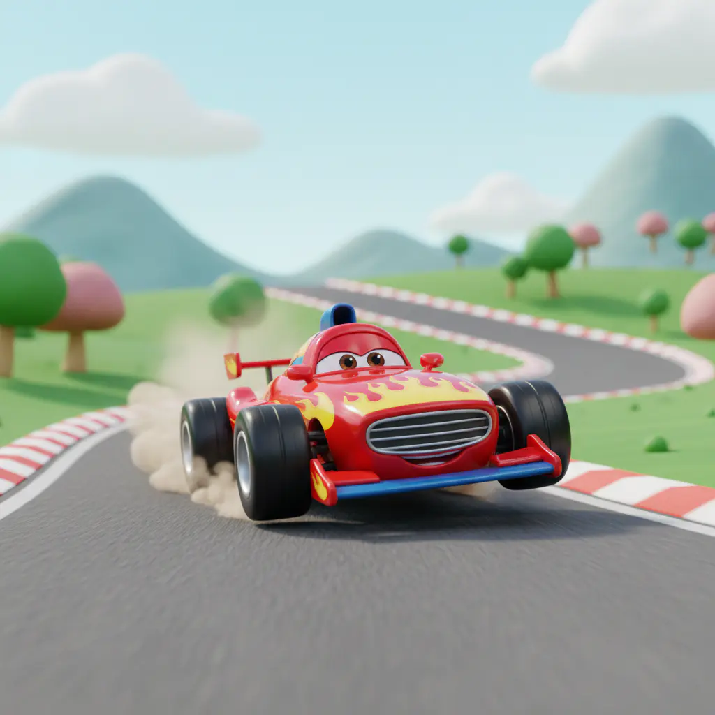 Auto da corsa RC cartoon che sfreccia ad alta velocità in una pista dinamica con effetti speciali